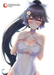 Rule 34 | 1girl, azur lane, black hair, blush, bow, breasts, brown eyes, casual one-piece swimsuit, cleavage, clothing cutout, cowboy shot, criss-cross halter, flower, hair flaps, hair flower, hair ornament, halterneck, large breasts, logo, long hair, looking at viewer, navel cutout, one-piece swimsuit, patreon, ponytail, simple background, solo, swimsuit, takao (azur lane), takao (beach rhapsody) (azur lane), white background, white bow, white one-piece swimsuit, yu (9833572tk)