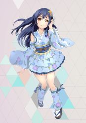Rule 34 | 1girl, absurdres, bare shoulders, blue hair, blush, closed mouth, commentary request, floral print, flower, hair between eyes, hair flower, hair ornament, hand in own hair, highres, japanese clothes, kimono, koukidou p, leg warmers, long hair, looking at viewer, love live!, love live! school idol festival, love live! school idol project, short kimono, short yukata, simple background, smile, solo, sonoda umi, wide sleeves, yellow eyes, yukata