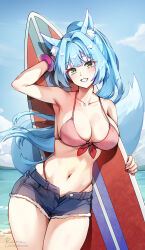 Rule 34 | 1girl, animal ear fluff, animal ears, arm up, bare shoulders, beach, bikini, blue hair, blue shorts, blue sky, blush, breasts, cleavage, collarbone, fox ears, fox tail, foxyreine, green eyes, highres, large breasts, long hair, looking at viewer, navel, open mouth, original, pink bikini, shore, shorts, sister reine (foxyreine), sky, smile, solo, surfboard, swimsuit, tail, thighs