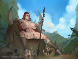 Rule 34 | absurdres, amazon, barbarian, breasts, cleft of venus, highres, huge breasts, nipples, nude, polearm, pussy, skull, spear, tattoo, tribal, warrior, weapon, wide hips