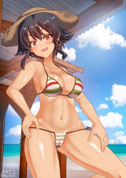 Rule 34 | 1girl, 3d background, bikini, black hair, blush, braid, breasts, brown eyes, cameltoe, cleavage, collarbone, girls und panzer, hat, highres, large breasts, looking at viewer, megadeko, navel, open mouth, outdoors, pepperoni (girls und panzer), shiny skin, short hair, side-tie bikini bottom, sky, smile, solo, standing, straw hat, swimsuit