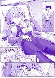 Rule 34 | ^^^, animal, animal on chest, bed, comic, covering own mouth, creature, fate/grand order, fate (series), fou (fate), fujimaru ritsuka (male), glasses, hair over one eye, hand over own mouth, looking away, lying, mash kyrielight, monochrome, on back, pantyhose, pillow, purple theme, short hair, silent comic, smile, syatey