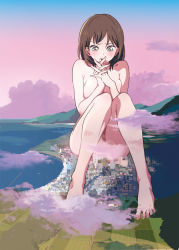 Rule 34 | 1girl, barefoot, brown eyes, brown hair, censored, city, cloud, convenient censoring, feet, giant, giantess, own hands clasped, highres, huge giantess, mebae, mountain, nude, original, own hands together, sky, solo, toes, water