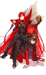 Rule 34 | 1boy, 1girl, all fours, black hair, brother and sister, cape, commentary request, crossed legs, fate/grand order, fate (series), fiery hair, hair over one eye, hat, high heels, highres, human chair, human furniture, long hair, oda nobukatsu (fate), oda nobunaga (fate), oda nobunaga (maou avenger) (fate), red cape, red eyes, red hair, siblings, sitting, sitting on person, skull, smile, twitter username, very long hair, yui (tamagohan)