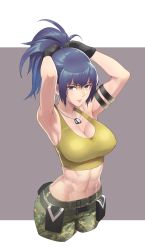 Rule 34 | 1girl, abs, absurdres, armpits, breasts, camouflage, camouflage pants, cargo pants, dog tags, earrings, female focus, highres, jewelry, large breasts, leona heidern, looking at viewer, muscular, muscular female, navel, pants, simple background, snk, solo, tank top, the king of fighters, the king of fighters xiv, the king of fighters xv, triangle earrings, upper body, yellow tank top, yiran kong xian