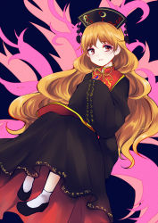 Rule 34 | 1girl, black dress, blonde hair, dress, flats, hat, highres, junko (touhou), long hair, long sleeves, looking at viewer, open mouth, red eyes, shoes, simple background, smile, socks, solo, touhou, uranaishi (miraura), white socks, wide sleeves