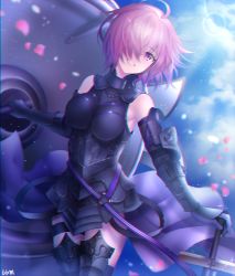 Rule 34 | 1girl, armored boots, armored leotard, bad id, bad pixiv id, belt, black footwear, black leotard, blue blood moon, boots, breasts, breasts apart, cowboy shot, fate/grand order, fate (series), gloves, grin, hair over one eye, hand on hilt, head tilt, highres, holding, holding shield, lens flare, leotard, looking at viewer, mash kyrielight, medium breasts, petals, pink hair, purple belt, purple eyes, purple gloves, shield, short hair, signature, smile, solo, standing, sword, thigh boots, thigh strap, thighhighs, weapon