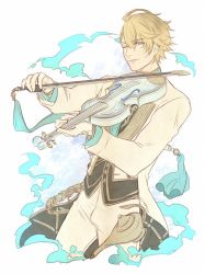 Rule 34 | 1boy, ahoge, aladdin (sinoalice), blonde hair, blue eyes, formal, gloves, gold trim, instrument, lamp, looking at viewer, male focus, music, okasi mgmgmg, one eye closed, pants, parted lips, playing instrument, short hair, simple background, sinoalice, sketch, smile, solo, suit, tassel, violin, white background, white gloves