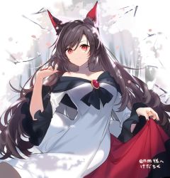 Rule 34 | 1girl, animal ear fluff, animal ears, brooch, brown hair, clothes lift, commission, dress, fingernails, fukuda935, imaizumi kagerou, jewelry, long fingernails, long hair, long sleeves, looking at viewer, nail polish, off-shoulder dress, off shoulder, red eyes, red nails, skeb commission, skirt, skirt lift, smile, solo, touhou, tree, white dress, wide sleeves, wolf ears