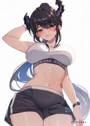 Rule 34 | 1girl, absurdres, asymmetrical horns, black hair, black shorts, blue hair, blush, breasts, colored inner hair, crop top, demon horns, highres, hololive, hololive dance practice uniform, hololive english, horns, keisea, large breasts, long hair, looking at viewer, mole, mole under eye, multicolored hair, nerissa ravencroft, official alternate costume, red eyes, short shorts, shorts, solo, sweat, two-tone hair, uneven horns, very long hair, very sweaty, virtual youtuber