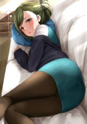 Rule 34 | 1girl, ass, blush, breasts, brown eyes, folded ponytail, green hair, green vest, highres, idolmaster, idolmaster shiny colors, large breasts, long hair, long sleeves, looking at viewer, nanakusa hazuki, office lady, pantyhose, pantylines, parted lips, sg (esujii), thighs, vest