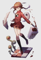 Rule 34 | 1girl, black socks, blood, brown hair, checkered floor, closed mouth, commentary request, creature, diary, english text, full body, grey background, highres, holding, holding knife, kneehighs, knife, long hair, long sleeves, madotsuki, mary janes, miniskirt, pleated skirt, red footwear, red skirt, red sweater, shoes, skirt, socks, solo, standing, standing on one leg, sweater, turtleneck, twintails, unusually open eyes, wuxu you de zuobiao, yume nikki