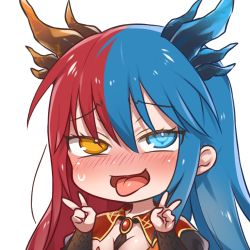 Rule 34 | 1girl, ahegao, blue eyes, blue hair, blue horns, blush, breasts, bright pupils, chibi, cleavage, commission, commissioner upload, double v, dragon girl, dragon horns, dress, gem, hands up, horns, inferna dragnis (xoldrek), jewelry, long hair, medium breasts, multicolored eyes, multicolored hair, multicolored horns, necktie, open mouth, orange eyes, original, pale skin, red hair, red horns, rolling eyes, solo, split-color hair, standing, sweat, symbol-shaped pupils, tongue, tongue out, transparent background, usagi1923, v, white pupils