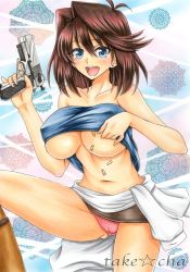 Rule 34 | 1girl, :d, bandeau, bare shoulders, black skirt, blue eyes, blush, breasts, brown hair, clothes around waist, clothes lift, collarbone, cosplay, covered erect nipples, ear piercing, gluteal fold, gun, hair intakes, handgun, highres, holding, holding gun, holding weapon, jacket, jacket around waist, jill valentine, jill valentine (cosplay), kneeling, large breasts, lifted by self, looking at viewer, mazaki anzu, microskirt, midriff, navel, on one knee, open mouth, panties, pantyshot, piercing, pink panties, pistol, resident evil, resident evil 3: nemesis, shell casing, short hair, skirt, smile, solo, strapless, swept bangs, takecha, trigger discipline, tube top, tube top lift, underboob, underwear, weapon, yu-gi-oh!