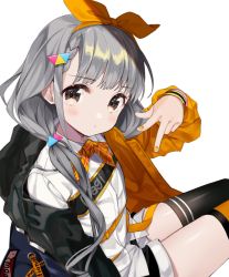 Rule 34 | 1girl, black thighhighs, blunt bangs, blush, bow, bowtie, closed mouth, grey eyes, hair ornament, hair ribbon, hairclip, highres, jacket, jacket on shoulders, kanda done, long hair, long sleeves, looking away, nail polish, open clothes, open jacket, orange ribbon, original, ribbon, shorts, sidelocks, silver hair, simple background, sitting, solo, striped bow, striped bowtie, striped clothes, striped neckwear, thighhighs, twintails, upper body, v, white background, yellow nails