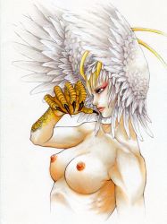 Rule 34 | 1girl, antennae, blue eyes, breasts, claws, devilman, feather hair, feathers, harpy, head wings, lips, monster girl, nipples, nude, siren (devilman), solo, traditional media, upper body, white hair, wings, yako723
