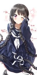 Rule 34 | 1girl, ;), absurdly long hair, arrow (symbol), black hair, black sailor collar, black serafuku, black shirt, black skirt, blush, braid, closed mouth, commentary request, hair ribbon, hand up, highres, long hair, long sleeves, looking at viewer, low twintails, neckerchief, one eye closed, original, pentagon (railgun ky1206), pleated skirt, puffy long sleeves, puffy sleeves, purple eyes, ribbon, sailor collar, school uniform, serafuku, shirt, skirt, sleeves past wrists, smile, solo, star (symbol), translation request, twin braids, twintails, very long hair, white neckerchief, white ribbon