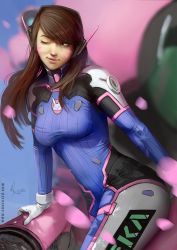 Rule 34 | 10s, 1girl, 2016, ;), blurry, bodysuit, breasts, brown eyes, brown hair, covered erect nipples, cowboy shot, d.va (overwatch), dated, depth of field, eyelashes, facial mark, gloves, headphones, karl liversidge, light smile, lips, long hair, looking to the side, mecha, medium breasts, meka (overwatch), nose, one eye closed, overwatch, overwatch 1, parted lips, petals, pilot suit, robot, signature, skin tight, smile, solo, swept bangs, watermark, web address, whisker markings, white gloves