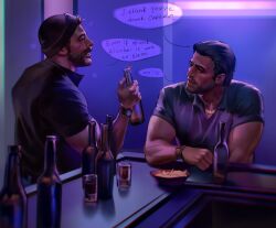 Rule 34 | 2boys, absurdres, alcohol, bar (place), beard, black hair, black shirt, bottle, call of duty, call of duty: modern warfare 2, captain price, cup, drinking glass, english text, facial hair, hat, highres, holding, holding bottle, jewelry, looking at another, male focus, multiple boys, muscular, muscular male, necklace, nikolai (modern warfare), sasha shkret, shirt, short hair, watch, wristwatch