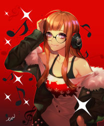 Rule 34 | 10s, 1girl, artist name, black bra, blush, bra, breasts, closed mouth, collarbone, eu (euspia), futaba channel, glasses, headphones, highres, large breasts, looking at viewer, md5 mismatch, musical note, orange hair, persona, persona 5, purple eyes, resolution mismatch, sakura futaba, signature, smile, solo, source smaller, underwear, upper body