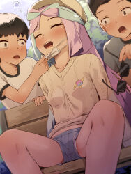 Rule 34 | 1girl, 2boys, alternate costume, bench, blush, bow-shaped hair, breasts, bubble, closed eyes, commentary request, creatures (company), day, denim, denim shorts, game freak, green hair, grey shorts, hat, highres, holding, holding removed eyewear, iono (pokemon), knees, long hair, mask, mouth mask, multicolored hair, multiple boys, nintendo, open mouth, outdoors, pink hair, pokemon, pokemon sv, seneto, shorts, sitting, small breasts, squeans, sunglasses, sweater, teeth, tongue, two-tone hair, unconscious, unworn eyewear, upper teeth only, yellow sweater