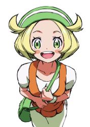 Rule 34 | 1girl, bag, bianca (pokemon), blonde hair, blush stickers, collarbone, commentary, creatures (company), from above, game freak, green eyes, green hat, hat, holding strap, looking at viewer, looking up, nintendo, open mouth, pokemon, pokemon bw, short hair, short sleeves, shoulder bag, solo, teeth, tongue, upper teeth only, white background, yoko.u
