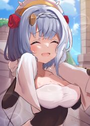 Rule 34 | 1girl, absurdres, blue hair, blue sky, braid, braided bangs, breasts, cleavage, closed eyes, cloud, collarbone, commentary request, facing viewer, flower, genshin impact, hair flower, hair ornament, highres, holding, holding towel, large breasts, mattsi hbkk, noelle (genshin impact), red flower, red rose, rose, shield hair ornament, short hair, sky, smile, solo, sweat, towel, towel around neck, upper body