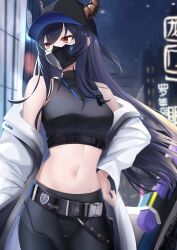 Rule 34 | 1girl, absurdres, arknights, bare shoulders, baseball cap, belt, black belt, black hat, black pants, blue archive, blue hair, breasts, ch&#039;en (arknights), coat, cosplay, cowboy shot, crop top, dragon horns, hand on own hip, hat, highres, horns, ishigami shizuka, large breasts, long hair, long sleeves, mask, midriff, mouth mask, navel, off shoulder, open clothes, open coat, pants, red eyes, saori (blue archive), saori (blue archive) (cosplay), shirt, sleeveless, sleeveless shirt, solo, standing, stomach, very long hair, voice actor connection, white coat, yan kodiac