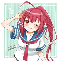 Rule 34 | 1girl, ahoge, anchor symbol, blue background, blue sailor collar, cocoperino, hair ribbon, i-168 (kancolle), kantai collection, leaning forward, long hair, neckerchief, one-hour drawing challenge, one eye closed, pink hair, pink neckerchief, ponytail, red eyes, red hair, ribbon, sailor collar, salute, school uniform, serafuku, shirt, solo, striped, striped background, white shirt