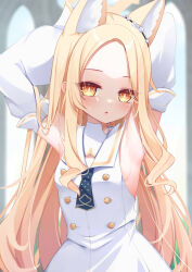 Rule 34 | 1girl, absurdres, animal ear fluff, animal ears, armpits, arms behind head, blonde hair, blue archive, blurry, breasts, buttons, commentary request, depth of field, detached sleeves, extra ears, flower, forehead, fox ears, fox girl, hair flower, hair ornament, halo, highres, ikazu401, long hair, long sleeves, looking at viewer, orange eyes, outdoors, parted bangs, parted lips, seia (blue archive), sideboob, sidelocks, small breasts, solo, wide sleeves