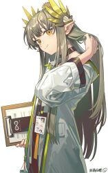 Rule 34 | 1girl, arknights, black choker, brown hair, chinese commentary, choker, clipboard, closed mouth, coat, commentary, cowboy shot, from side, hand in own hair, highres, holding, holding clipboard, hongchamashu, lab coat, laurel crown, long hair, looking at viewer, mole, mole under eye, muelsyse (arknights), name tag, open clothes, open coat, orange eyes, pointy ears, rhine lab logo, signature, simple background, smile, solo, standing, straight hair, white background, white coat
