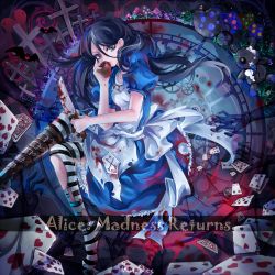 Rule 34 | 1girl, alice: madness returns, alice (alice in wonderland), alice in wonderland, alice liddell (american mcgee&#039;s alice), american mcgee&#039;s alice, american mcgee's alice, apple, apron, bad id, bad pixiv id, black hair, blood, blue eyes, boots, copyright name, dress, food, fruit, highres, instocklee, jewelry, lips, long hair, necklace, pantyhose, shoes, single shoe, solo, striped clothes, striped pantyhose, torn clothes, torn pantyhose
