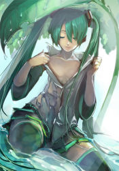 Rule 34 | 1girl, closed eyes, flat chest, green hair, hatsune miku, hide (hideout), long hair, sitting, skirt, solo, thighhighs, twintails, very long hair, vocaloid, water