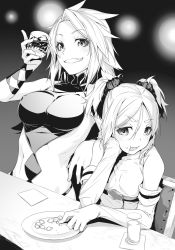 Rule 34 | 2girls, ashuna grisarika, backless dress, backless outfit, blonde hair, breasts, clothing cutout, culottes, diamond cutout, dress, eating, elbow gloves, glass, gloves, greyscale, hair ribbon, highres, large breasts, long hair, looking to the side, momo (virgin road), monochrome, multiple girls, nilitsu, official art, pink hair, ribbon, shokei shoujo no virgin road, smile, stomach cutout, turtleneck, turtleneck dress, twintails, white dress