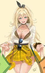 Rule 34 | 1girl, :d, absurdres, animal print, artist name, bag, blonde hair, bra, bra peek, bracelet, breasts, checkered clothes, checkered skirt, choker, cleavage, clothes around waist, collarbone, dated, eyewear hang, goddess of victory: nikke, green eyes, hair between eyes, highres, jacket, jacket around waist, jewelry, large breasts, leopard print, light blush, long hair, open mouth, ponytail, rupee (nikke), scrunchie, shirt, shopping bag, skindentation, skirt, smile, solo, sunglasses, super bee, thighlet, unbuttoned, unbuttoned shirt, underwear, unworn eyewear, wrist scrunchie, yellow jacket, yellow skirt