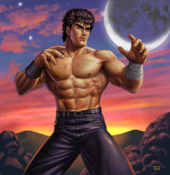 Rule 34 | &gt;:(, 1boy, abs, belt, black hair, blue pants, closed mouth, cloud, cloudy sky, commentary request, cowboy shot, dated, fighting stance, frown, full moon, greyscale, hokuto no ken, kenshiro, looking afar, male focus, matataku, monochrome, moon, muscular, pants, scar, signature, sky, solo, standing, star (sky), star (symbol), sunset, topless male, v-shaped eyebrows, wristband