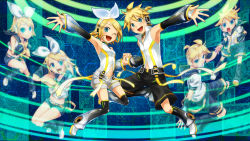 Rule 34 | 1boy, 1girl, aqua eyes, arm warmers, blonde hair, brother and sister, detached sleeves, hair ornament, hair ribbon, hairclip, holding hands, headphones, hetero, hexagon, highres, junji, kagamine len, kagamine len (append), kagamine rin, kagamine rin (append), leg warmers, navel, one eye closed, ribbon, short hair, shorts, siblings, smile, twins, vocaloid, vocaloid append, wink