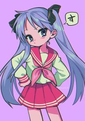 Rule 34 | 1girl, artist name, blush, highres, hiiragi kagami, lucky star, menma (enaic31), purple background, purple eyes, purple hair, red ribbon, red sailor collar, red skirt, ribbon, sailor collar, simple background, skirt, solo, standing, twintails, twitter username