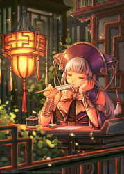 Rule 34 | 1girl, architecture, bespin, blunt bangs, blurry, bow, bowtie, bracer, closed eyes, depth of field, detached sleeves, east asian architecture, feathers, hat, head rest, headrest, inkwell, lampion, long hair, original, quill, silver hair, solo, tassel