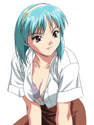 Rule 34 | 1girl, aqua hair, bob cut, bra, breasts, brown skirt, cleavage, closed mouth, hairband, highres, koizumi hitomi, lace, lace-trimmed bra, lace trim, leaning forward, light smile, lingerie, looking to the side, medium breasts, open clothes, open shirt, parted bangs, purple bra, red eyes, shirt, short hair, short sleeves, simple background, skirt, solo, unbuttoned, underwear, white background, white shirt, yamada masaki, zenkoku seifuku bishoujo grand prix