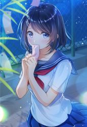 Rule 34 | 1girl, black hair, blue eyes, blue sailor collar, blue skirt, chain-link fence, commentary request, covering own mouth, fence, hair ornament, hairpin, holding, looking at viewer, miniskirt, mono lith, neckerchief, night, original, outdoors, pleated skirt, red neckerchief, revision, sailor collar, school uniform, serafuku, shirt, short hair, short sleeves, skirt, solo, tanabata, tanzaku, white shirt
