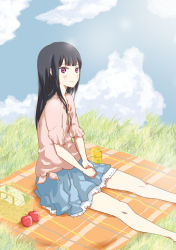 Rule 34 | 10s, 1girl, amatsuka urara, apple, baby princess, black hair, blue sky, blush, cloud, commentary, day, food, fruit, grass, ichihi (spinon), long hair, looking at viewer, outdoors, picnic basket, purple eyes, sitting, skirt, sky, smile, solo