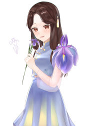 Rule 34 | 1girl, :d, absurdres, bow, brown eyes, brown hair, chinese clothes, cowboy shot, floral print, flower, grey background, hair ornament, hair ribbon, hand up, highres, holding, holding flower, iino miko, kaguya-sama wa kokurasetai ~tensai-tachi no renai zunousen~, long hair, looking at viewer, low twintails, open mouth, parted bangs, ponzu (udon), purple flower, purple shirt, purple skirt, ribbon, shirt, simple background, skirt, smile, solo, twintails, white background, yellow bow
