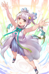 Rule 34 | 1girl, armpits, arms up, bare shoulders, blue bow, blue bowtie, blue dress, blue hair, bow, bowtie, commentary, dress, footwear bow, from above, full body, high collar, kemono friends, long hair, looking at viewer, multicolored clothes, multicolored hair, pleated dress, shirt, shoes, skyfish (kemono friends), sleeveless, solo, tadano magu, twintails, white dress, white hair, white shirt