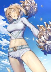 Rule 34 | 1girl, arm up, bad id, bad nicoseiga id, belt, blue sky, blush, breasts, brown eyes, brown hair, cheerleader, cloud, crop top, day, dekappara futoriusu, large breasts, long sleeves, looking at viewer, midriff, navel, open mouth, original, outdoors, pom pom (cheerleading), shirt, short hair, short shorts, shorts, skin tight, sky, smile, solo, sweat, taut clothes, taut shirt