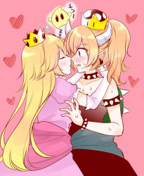 Rule 34 | 2girls, armlet, blonde hair, blush, bowsette, bracelet, collar, commentary request, earphones, elbow gloves, closed eyes, face-to-face, facing another, fangs, floating, gloves, heart, hug, imminent kiss, jewelry, jin mocoyama, long hair, looking at another, luma (mario), mario (series), multiple girls, new super mario bros. u deluxe, nintendo, open mouth, pink background, pink gloves, ponytail, princess peach, puffy short sleeves, puffy sleeves, short sleeves, sleeping, spiked armlet, spiked bracelet, spiked collar, spiked shell, spikes, super crown, turtle shell, very long hair, yuri, zzz