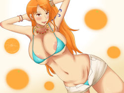 Rule 34 | 1girl, areola slip, bare shoulders, blush, bra, breasts, brown eyes, cleavage, covered erect nipples, earrings, highres, jewelry, large breasts, long hair, looking at viewer, momo 765, nami (one piece), navel, no shirt, one piece, open fly, open mouth, orange hair, panties, sideboob, smile, solo, standing, tattoo, underboob, underwear, wide hips
