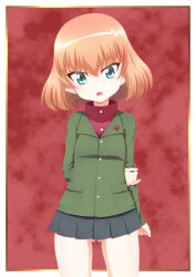 Rule 34 | 1girl, arm behind back, black skirt, blonde hair, blue eyes, bob cut, clenched hand, commentary, cowboy shot, fang, female focus, girls und panzer, gluteal fold, green jacket, hand on own arm, highres, jacket, katyusha (girls und panzer), long sleeves, looking at viewer, microskirt, miniskirt, open mouth, outside border, pleated skirt, pravda school uniform, red background, red shirt, school uniform, shirt, short hair, skirt, solo, standing, turtleneck, zummy