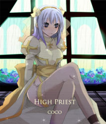 Rule 34 | 1girl, alternate color, back bow, blush, bow, breasts, brown hairband, character name, closed mouth, commentary, cross, dress, eon (greencastle), feet out of frame, flower, garter straps, grey eyes, grey thighhighs, hair bow, hairband, high priest (ragnarok online), juliet sleeves, light purple hair, long hair, long sleeves, looking to the side, lowres, medium breasts, puffy sleeves, purple flower, ragnarok online, sash, smile, solo, thighhighs, waist bow, white dress, window, yellow bow, yellow sash