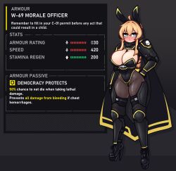 Rule 34 | absurdres, ahoge, animal ears, arm armor, armor, armored boots, black pantyhose, blonde hair, blue eyes, blush, boots, braid, breasts, bright pupils, cape, english text, fake animal ears, fishnet pantyhose, fishnets, gameplay mechanics, hair between eyes, helldivers (series), high heel boots, high heels, highres, indie virtual youtuber, large breasts, leotard, limebreaker, long bangs, looking at viewer, mole, mole under eye, pantyhose, pauldrons, playboy bunny, shoulder armor, single braid, thigh boots, whiskey project, white pupils